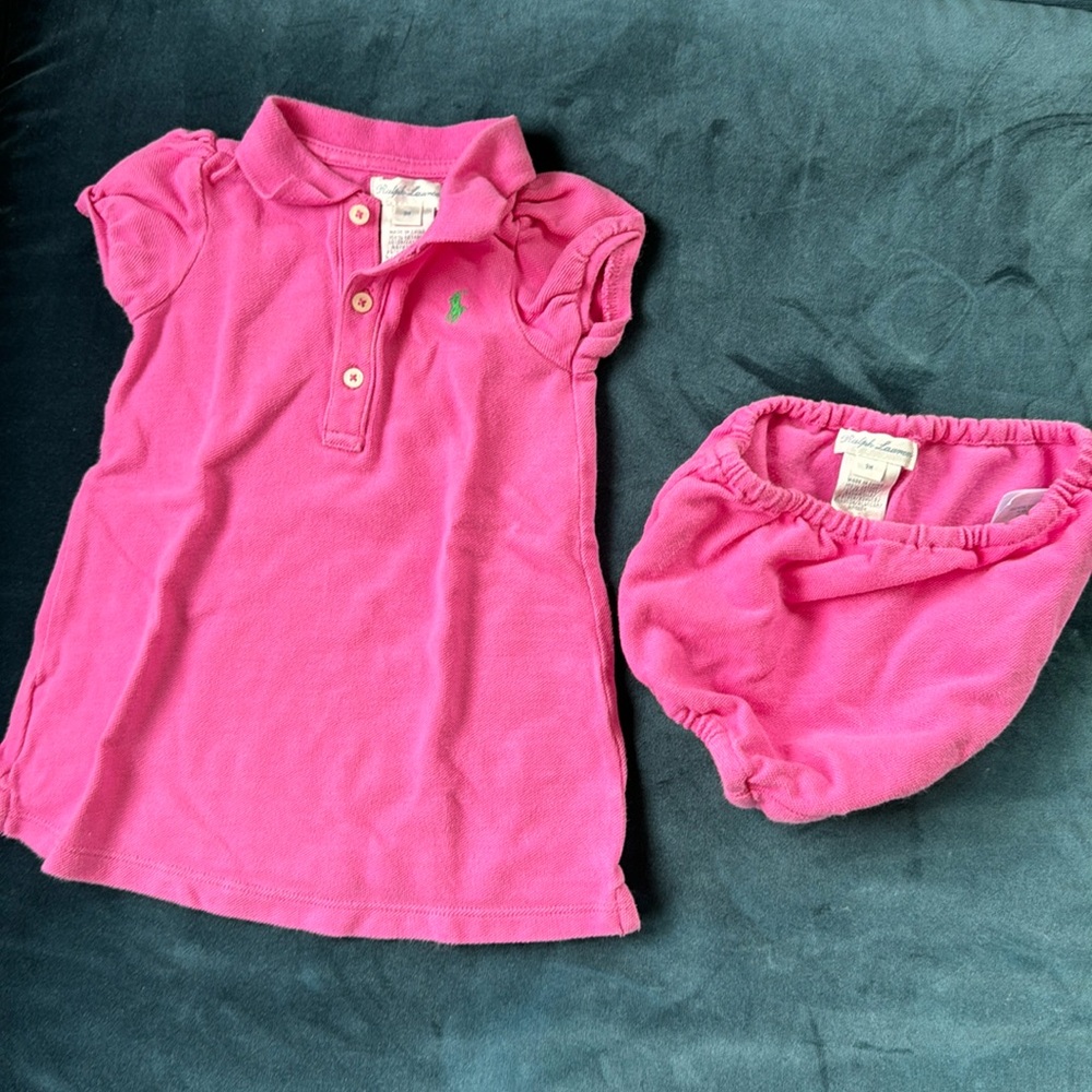 Ralph Lauren Baby Girl Pink Collared Logo Dress with Diaper Cover Size 9 months